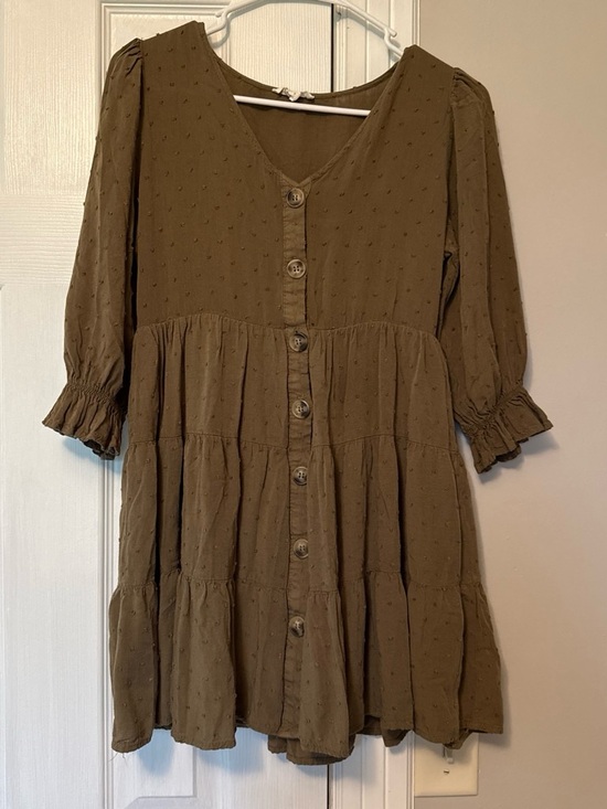 By The River Dresses & Skirts - Women's olive green Button-Front Tiered Dress